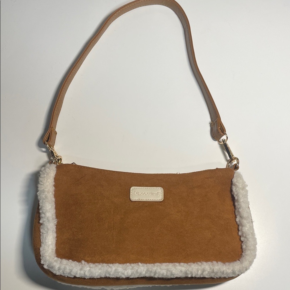 BEARPAW Brown Suede Sherpa Trim Shoulder Bag Purse